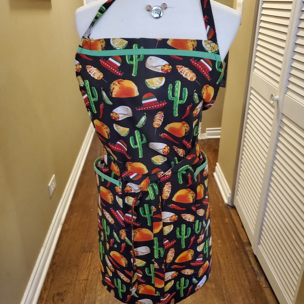 New Cotton Colorful Cactus and Taco Apron Adult Sz Hand Crafted